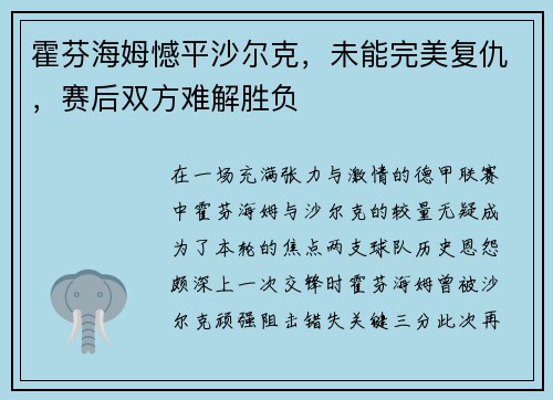 霍芬海姆憾平沙尔克，未能完美复仇，赛后双方难解胜负